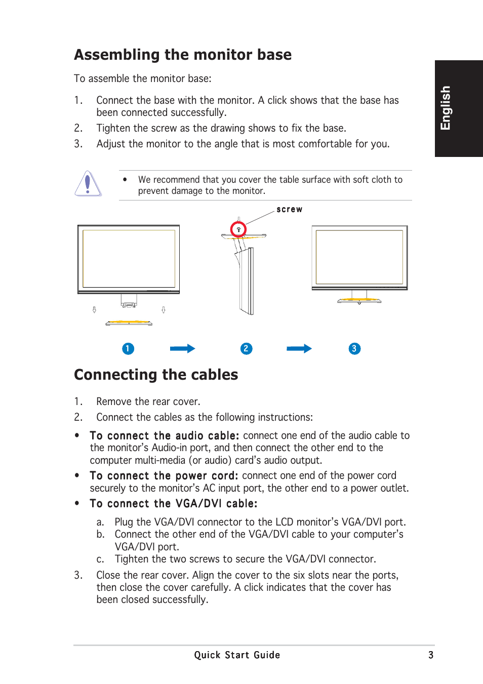 Connecting the cables, Assembling the monitor base, English | Asus VW192C Series User Manual | Page 3 / 4
