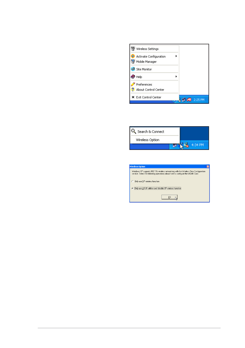 2 control center right-click menu, 3 control center left-click menu | Asus 54Mbps User Manual | Page 21 / 48