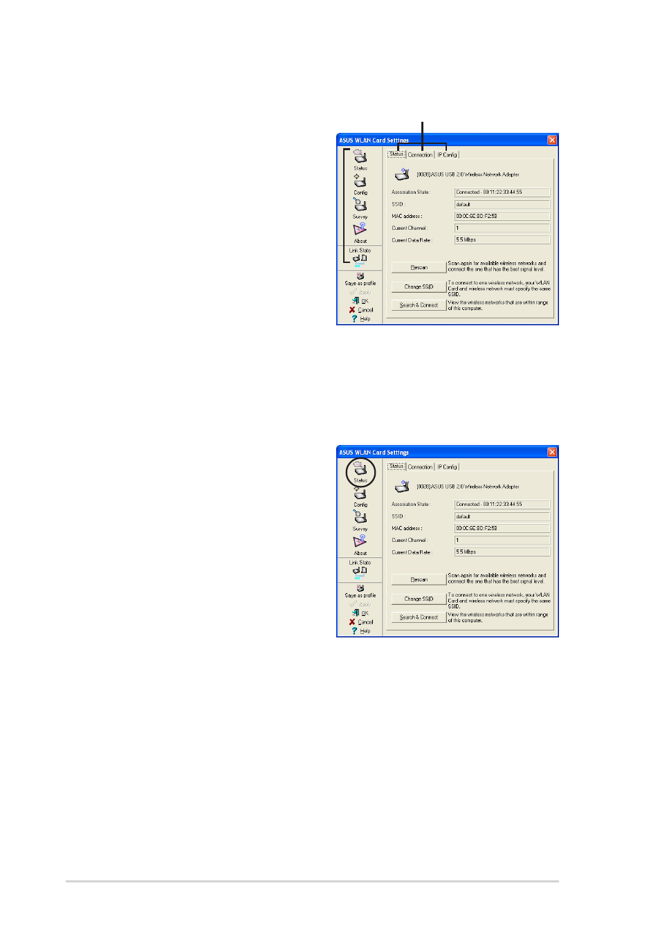 2 wireless settings, 1 status | Asus 54Mbps User Manual | Page 22 / 48