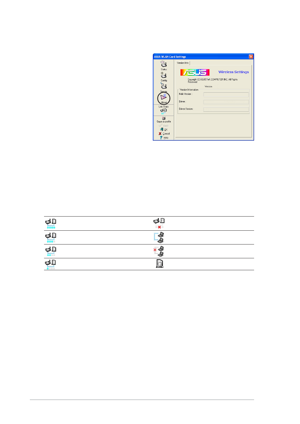 5 link state, 4 about wireless settings, Table of icon indications | Asus 54Mbps User Manual | Page 28 / 48