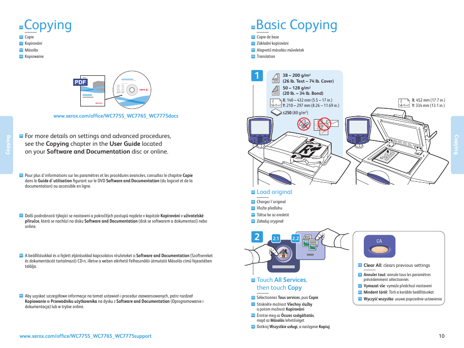 Copying, Copie kopírování másolás kopiowanie, Basic copying | Load original, Touch all services , then touch copy | Xerox WorkCentre 7755-7765-7775 with built-in controller-3750 User Manual | Page 10 / 20