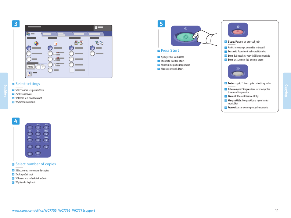 Select number of copies, Press start, Select settings | Xerox WorkCentre 7755-7765-7775 with built-in controller-3750 User Manual | Page 11 / 20