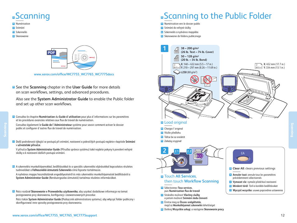 Scanning, Numérisation snímání szkennelés skanowanie, Scanning to the public folder | Load original, Touch all services , then touch workflow scanning | Xerox WorkCentre 7755-7765-7775 with built-in controller-3750 User Manual | Page 12 / 20