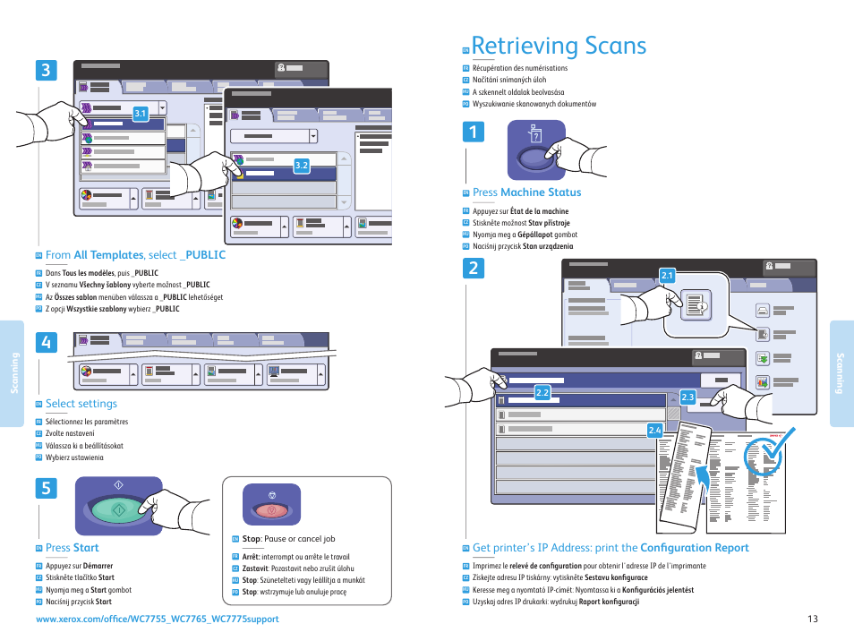 Retrieving scans, Press start, Select settings | Press machine status | Xerox WorkCentre 7755-7765-7775 with built-in controller-3750 User Manual | Page 13 / 20