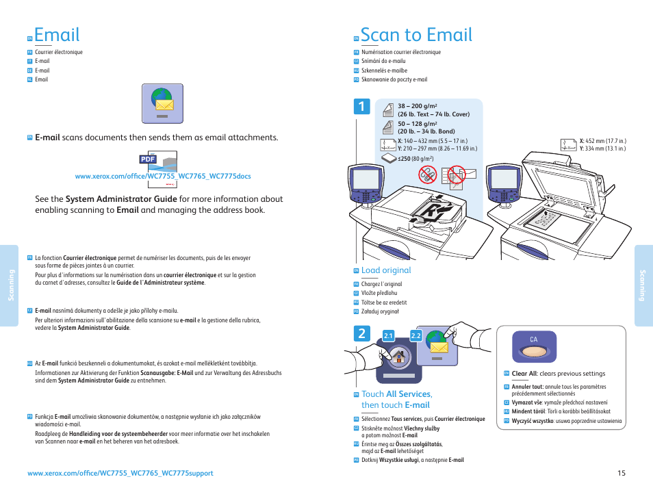 Scanning to email, Courrier électronique e-mail e-mail email, Email | Scan to email, Touch all services , then touch e-mail, Load original | Xerox WorkCentre 7755-7765-7775 with built-in controller-3750 User Manual | Page 15 / 20
