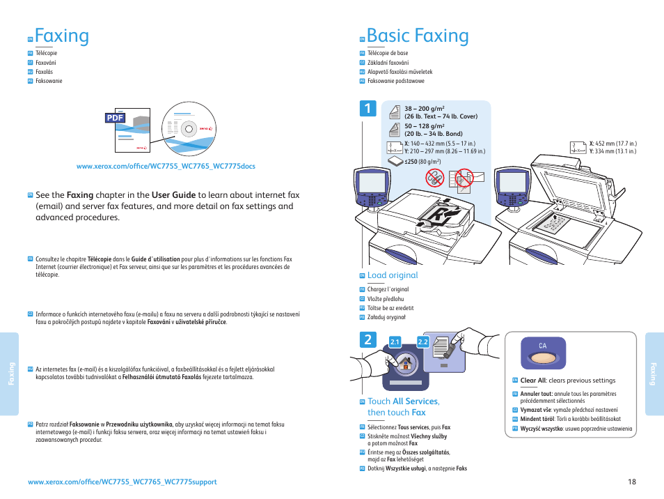 Basic faxing, Faxing, Télécopie faxování faxolás faksowanie | Load original, Touch all services , then touch fax | Xerox WorkCentre 7755-7765-7775 with built-in controller-3750 User Manual | Page 18 / 20