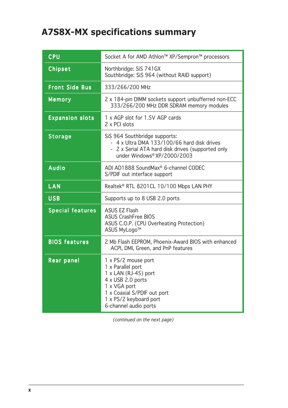 A7s8x-mx specifications summary | Asus Motherboard A7S8X-MX User Manual | Page 10 / 84