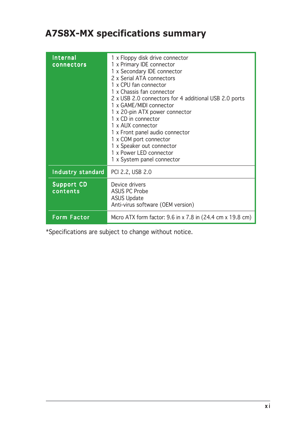 A7s8x-mx specifications summary | Asus Motherboard A7S8X-MX User Manual | Page 11 / 84