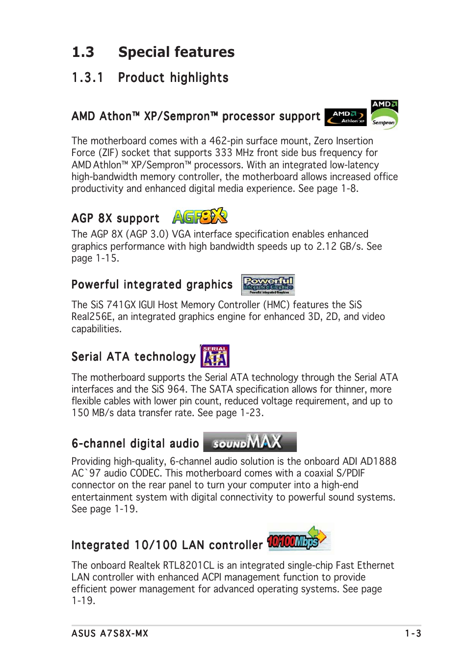 3 special features | Asus Motherboard A7S8X-MX User Manual | Page 15 / 84