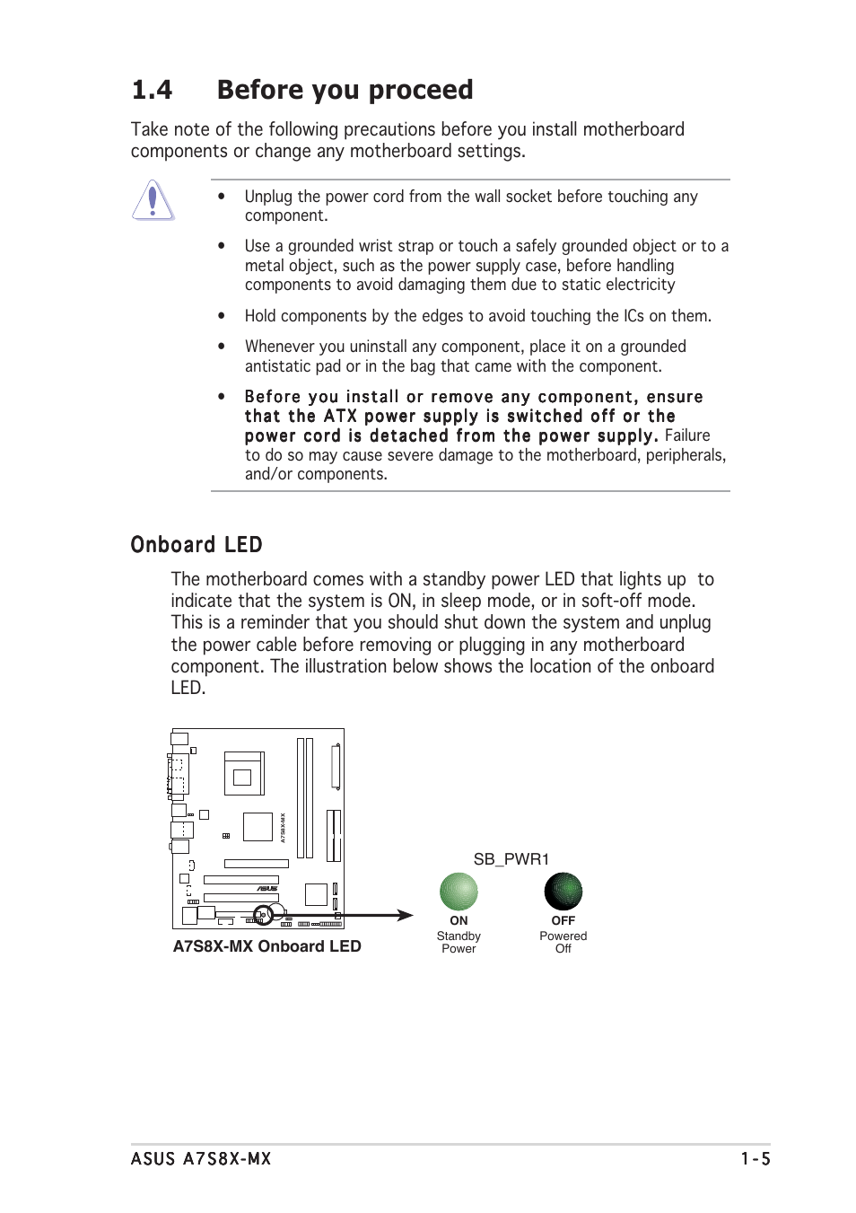 4 before you proceed, Onboard led | Asus Motherboard A7S8X-MX User Manual | Page 17 / 84