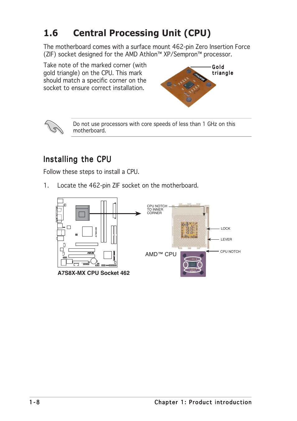 6 central processing unit (cpu), Installing the cpu | Asus Motherboard A7S8X-MX User Manual | Page 20 / 84