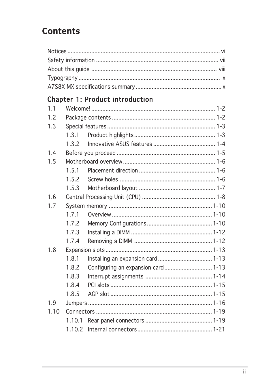 Asus Motherboard A7S8X-MX User Manual | Page 3 / 84