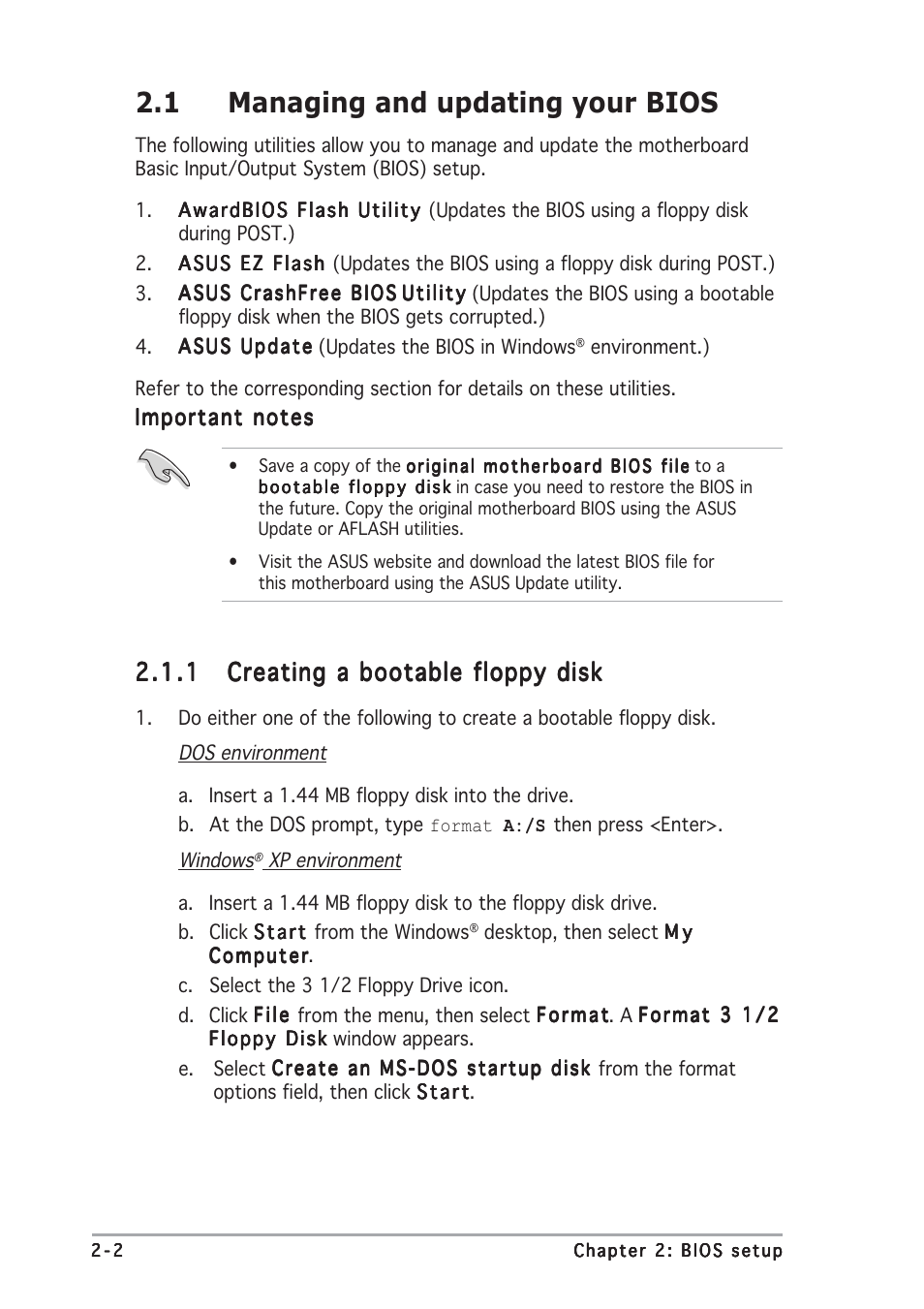 1 managing and updating your bios | Asus Motherboard A7S8X-MX User Manual | Page 44 / 84