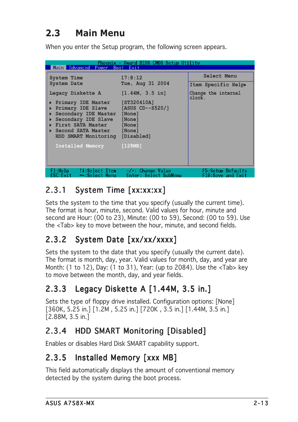 3 main menu | Asus Motherboard A7S8X-MX User Manual | Page 55 / 84