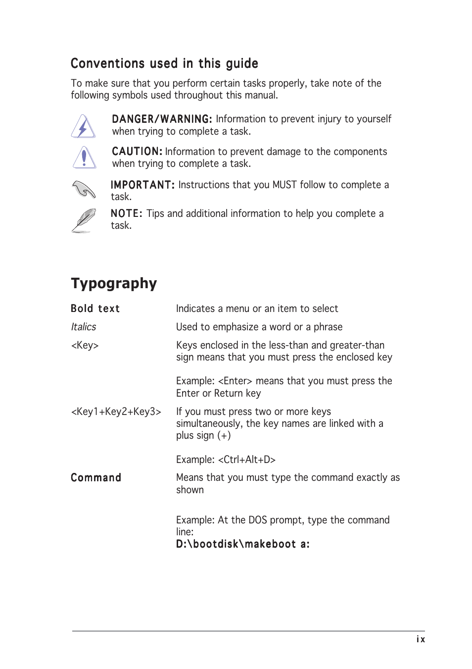 Typography, Conventions used in this guide | Asus Motherboard A7S8X-MX User Manual | Page 9 / 84