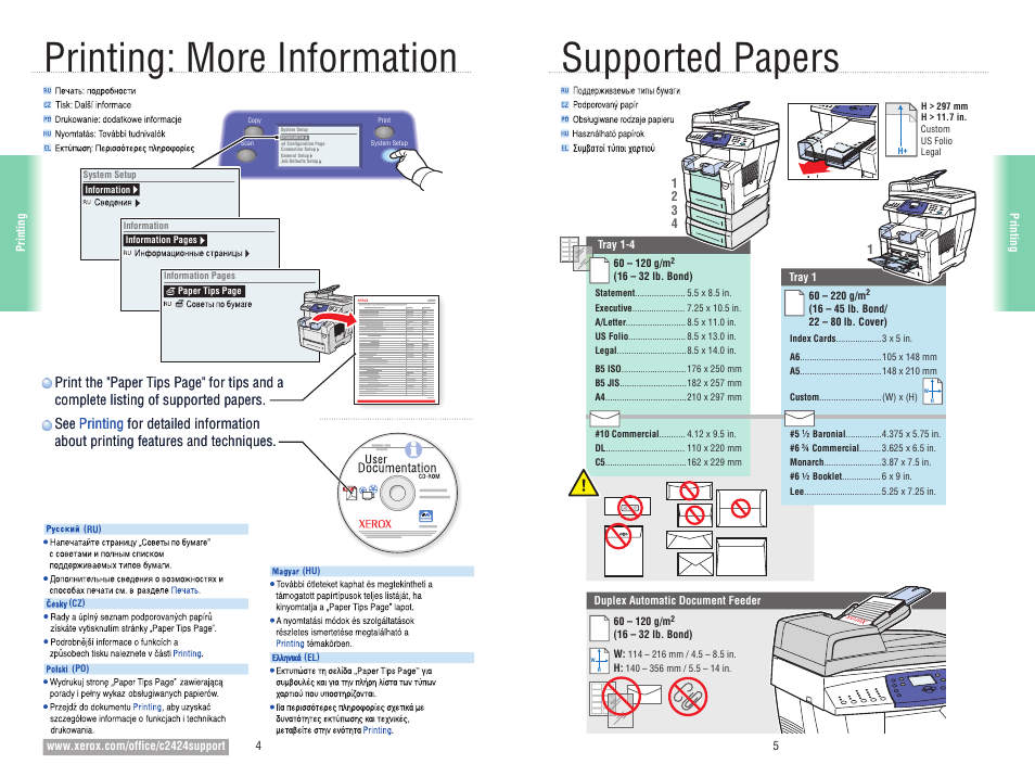 Supported papers, Printing: more information | Xerox WorkCentre C2424 Pomoc-14147 User Manual | Page 4 / 13