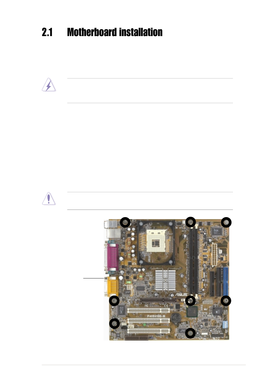 1 motherboard installation, 1 placement direction, 2 screw holes | Asus P4B266-M User Manual | Page 21 / 96