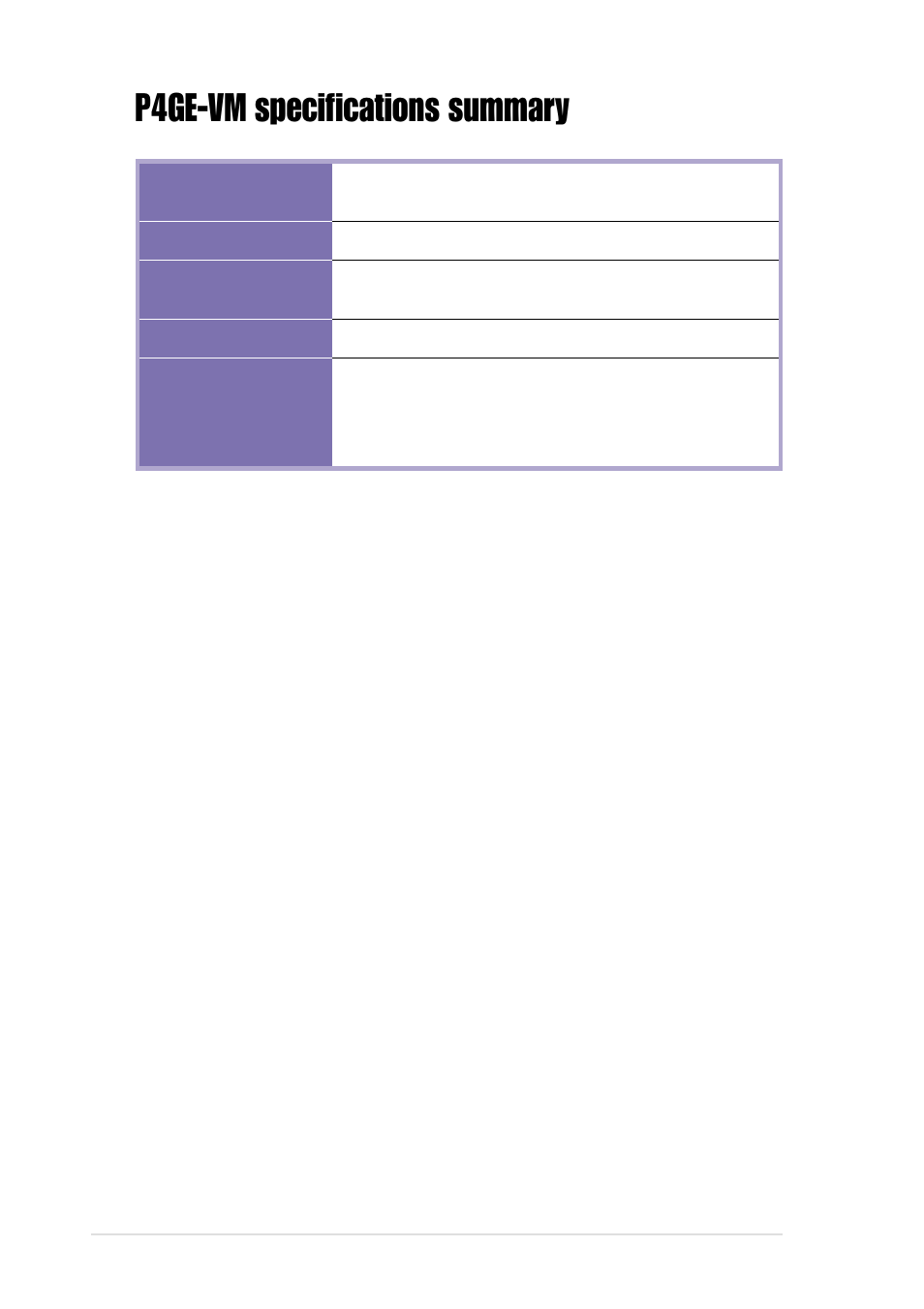 P4ge-vm specifications summary | Asus Motherboard P4GE-VM User Manual | Page 10 / 64