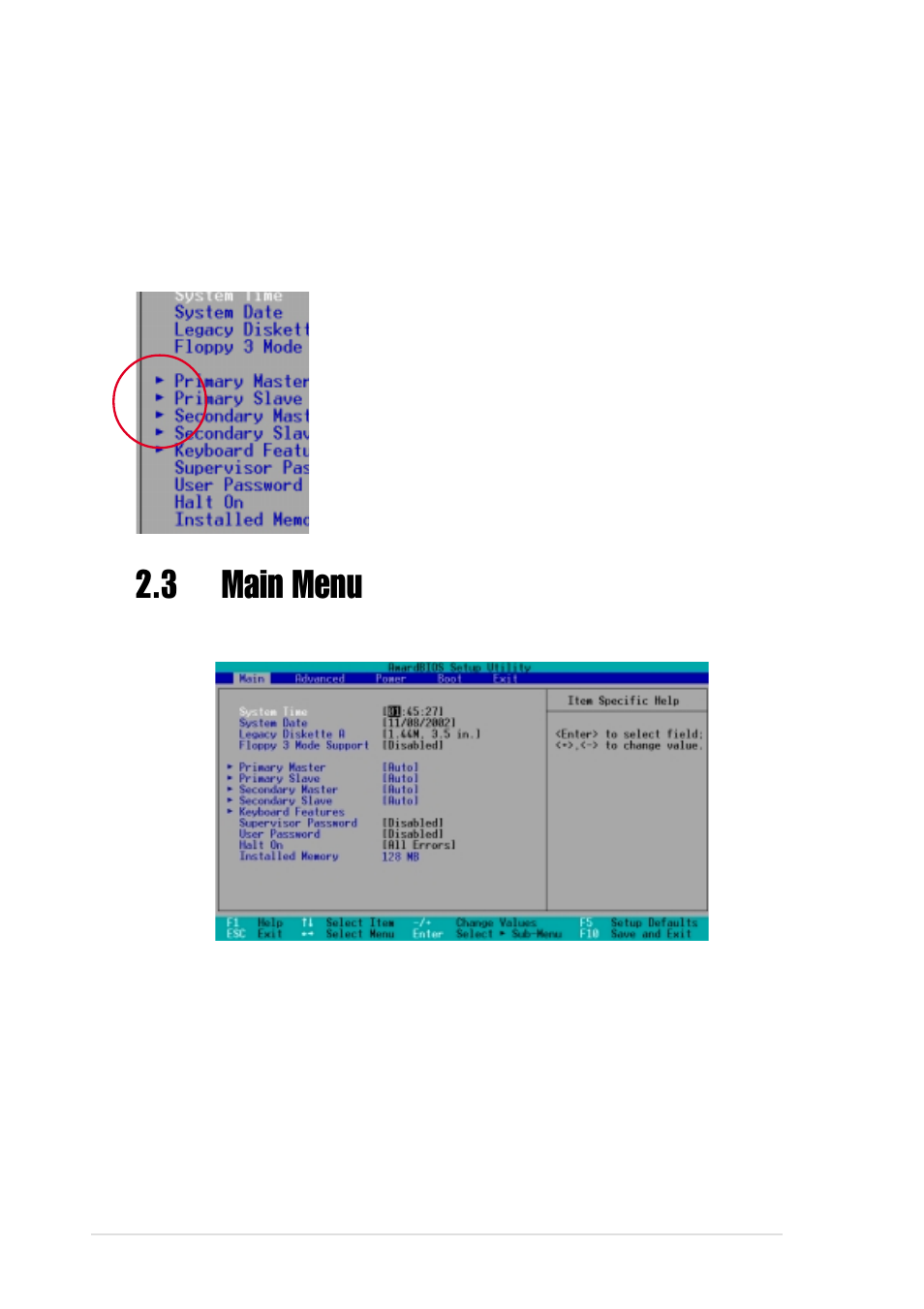 3 main menu | Asus Motherboard P4GE-VM User Manual | Page 42 / 64