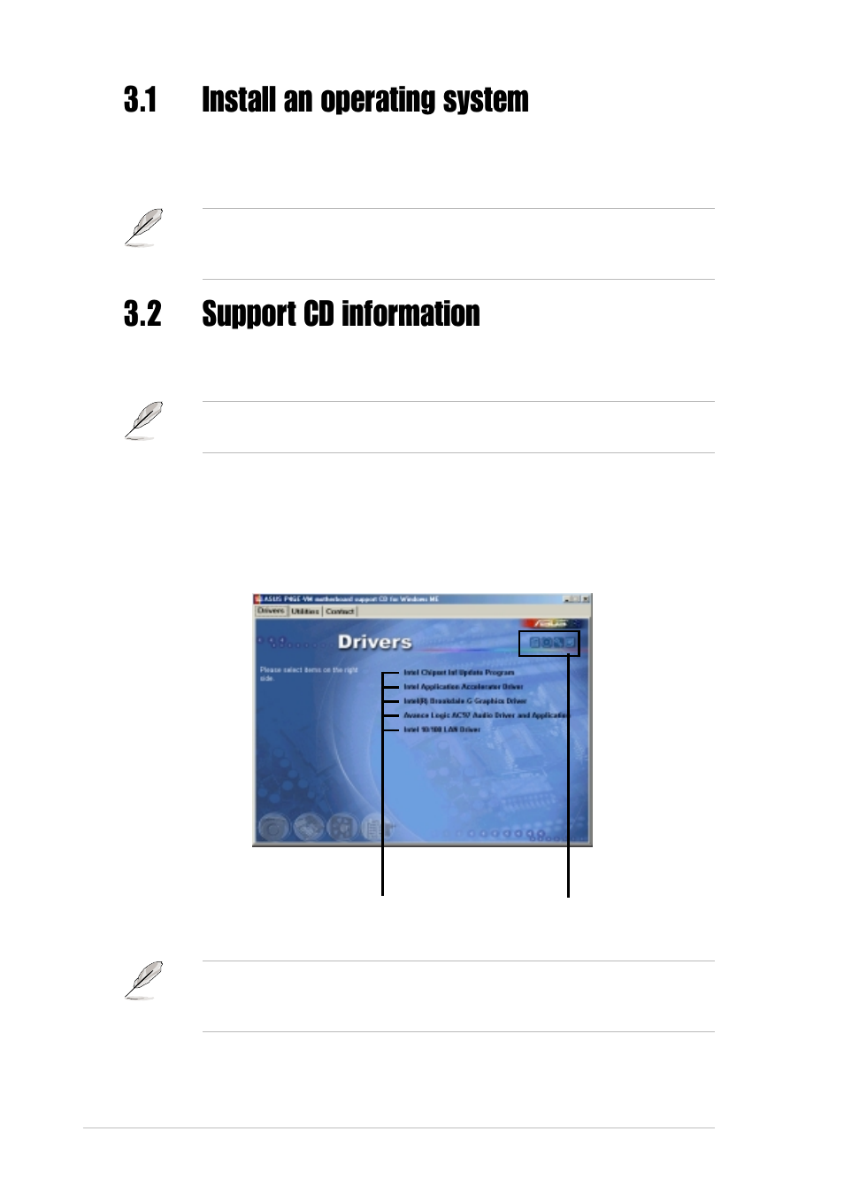 1 install an operating system, 2 support cd information, 1 running the support cd | Asus Motherboard P4GE-VM User Manual | Page 62 / 64