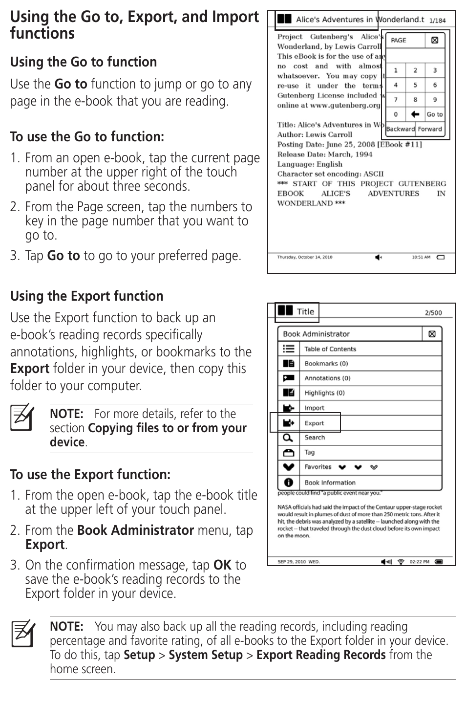 Using the go to, export, and import functions | Asus DR-900 User Manual | Page 15 / 28