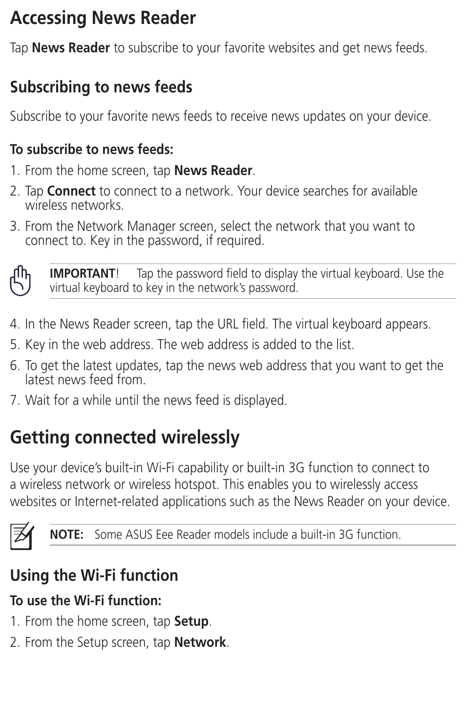 Accessing news reader, Getting connected wirelessly, Subscribing to news feeds | Using the wi-fi function | Asus DR-900 User Manual | Page 18 / 28