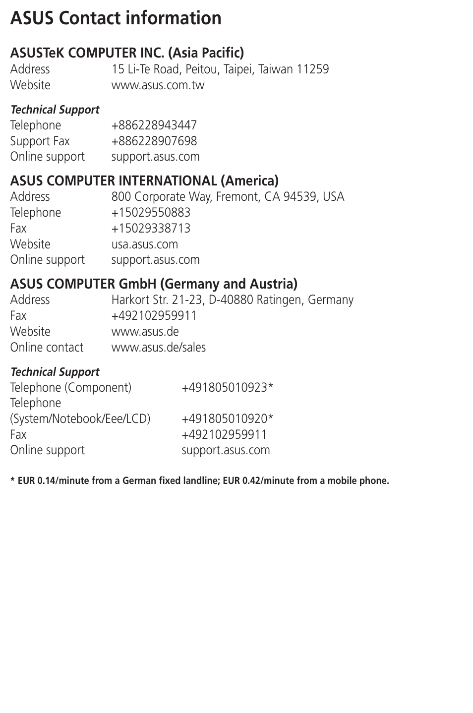 Asus contact information | Asus DR-900 User Manual | Page 28 / 28