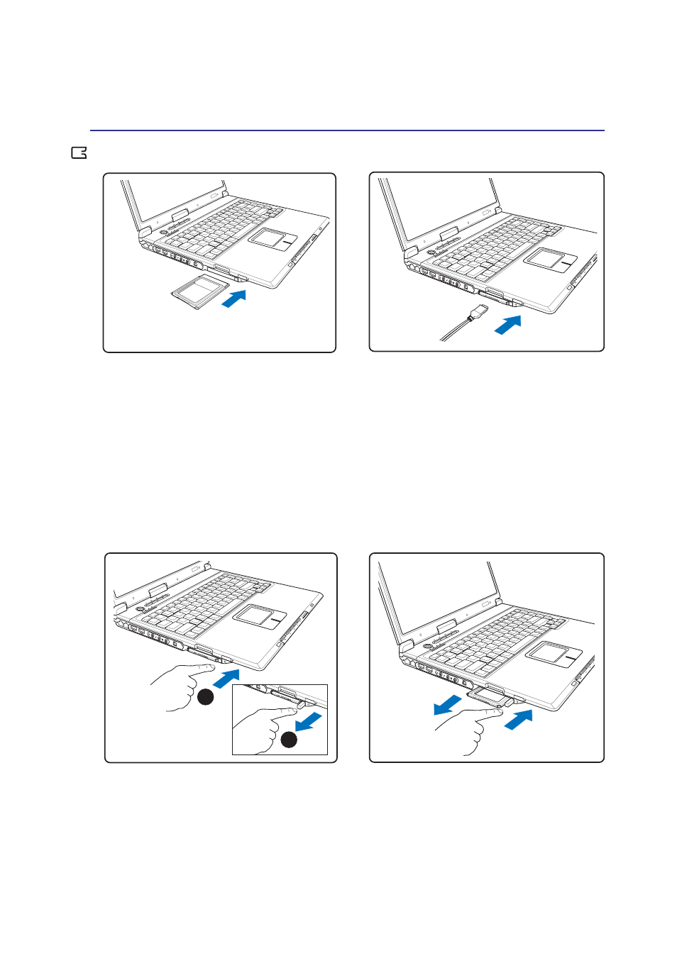 Inserting a pc card (pcmcia), Removing a pc card (pcmcia) | Asus E2050 User Manual | Page 39 / 70