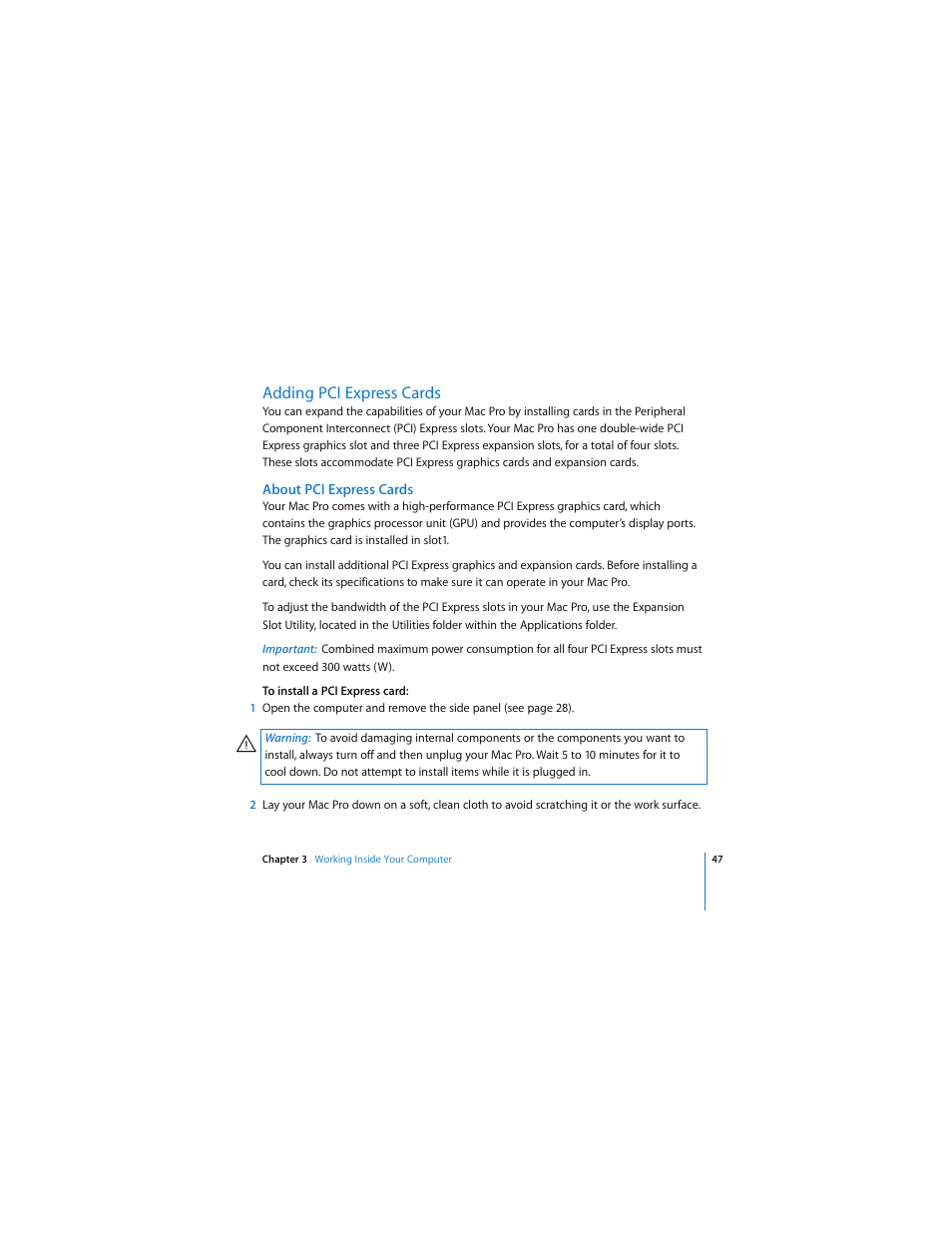 Adding pci express cards | Apple Mac Pro User Manual | Page 47 / 88