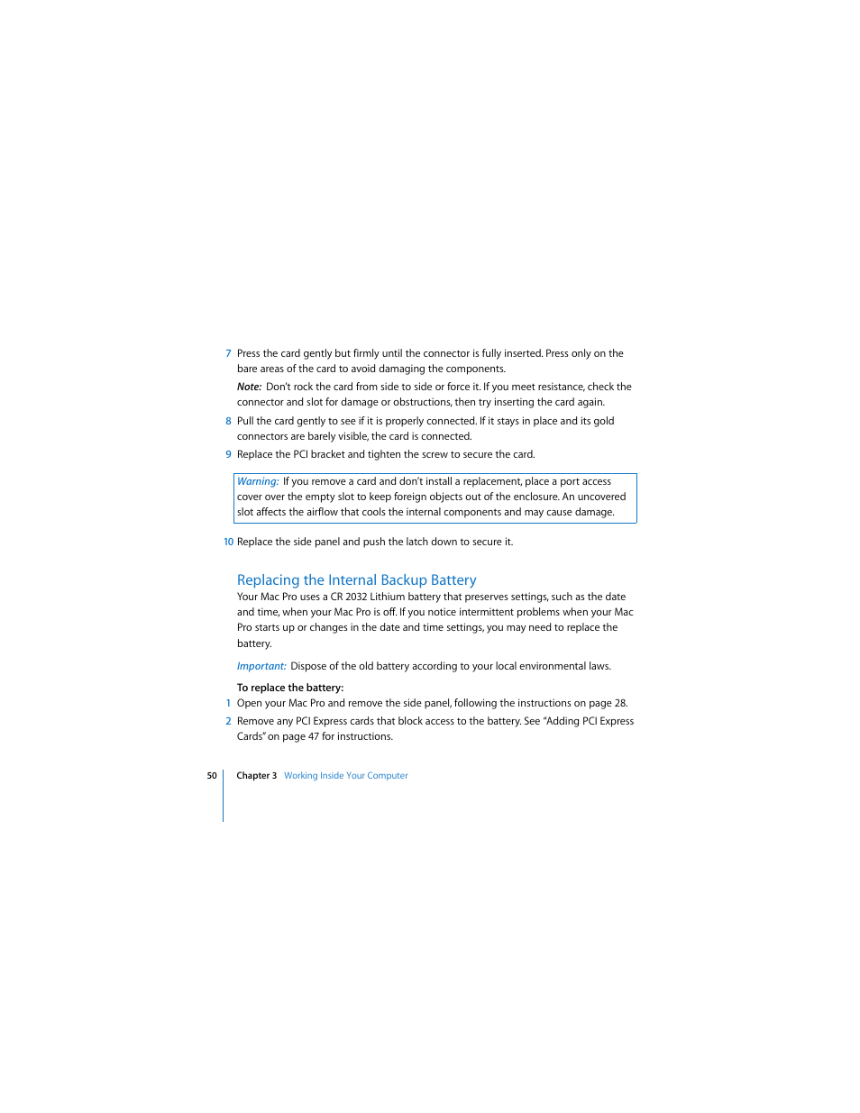 Replacing the internal backup battery | Apple Mac Pro User Manual | Page 50 / 88