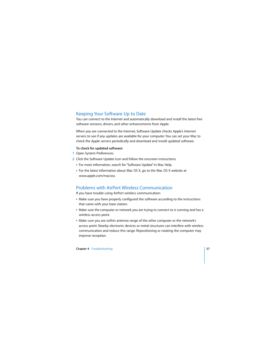 Keeping your software up to date, Problems with airport wireless communication | Apple Mac Pro User Manual | Page 57 / 88