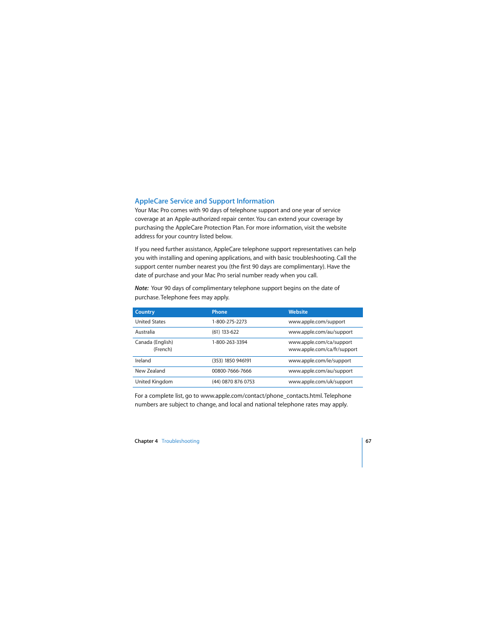 Applecare service and support information | Apple Mac Pro User Manual | Page 67 / 88