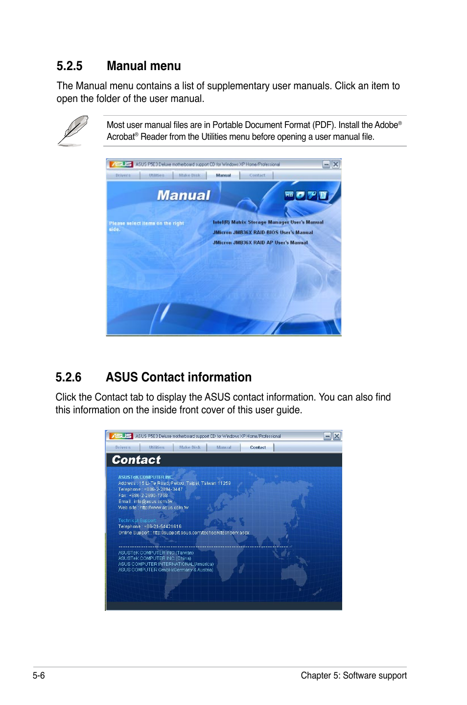 5 manual menu, 6 asus contact information | Asus WIFI-AP P5E3 User Manual | Page 118 / 192