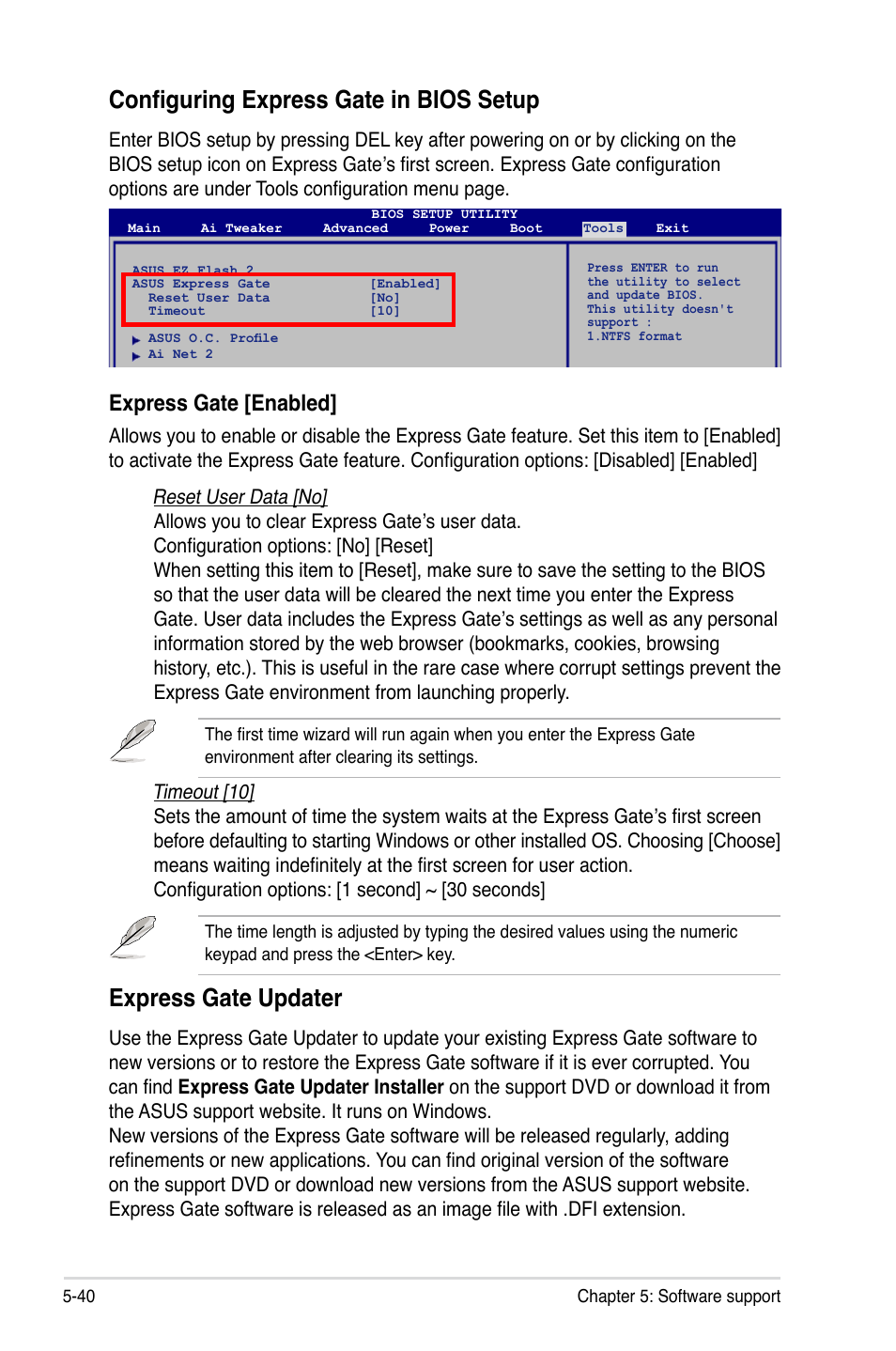 Configuring express gate in bios setup, Express gate updater, Express gate [enabled | Asus WIFI-AP P5E3 User Manual | Page 152 / 192