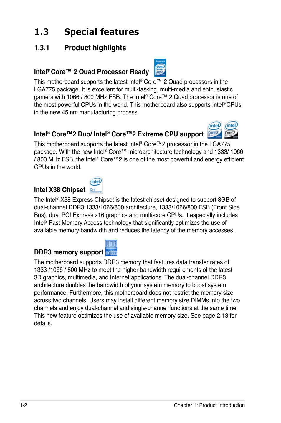 3 special features, 1 product highlights, Intel | Core™ 2 quad processor ready, Core™2 duo/ intel, Core™2 extreme cpu support, Intel x38 chipset | Asus WIFI-AP P5E3 User Manual | Page 18 / 192