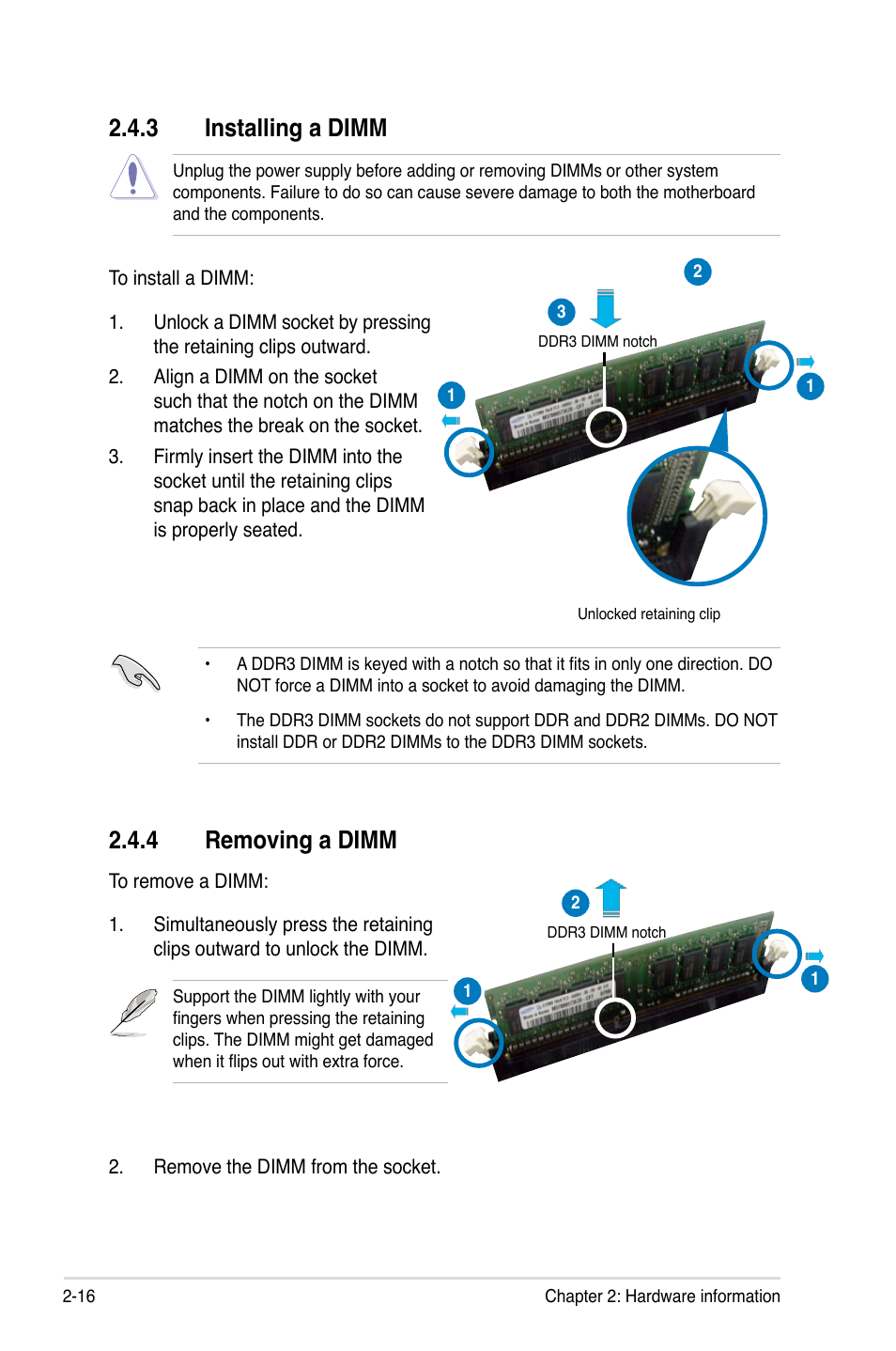 3 installing a dimm, 4 removing a dimm | Asus WIFI-AP P5E3 User Manual | Page 42 / 192