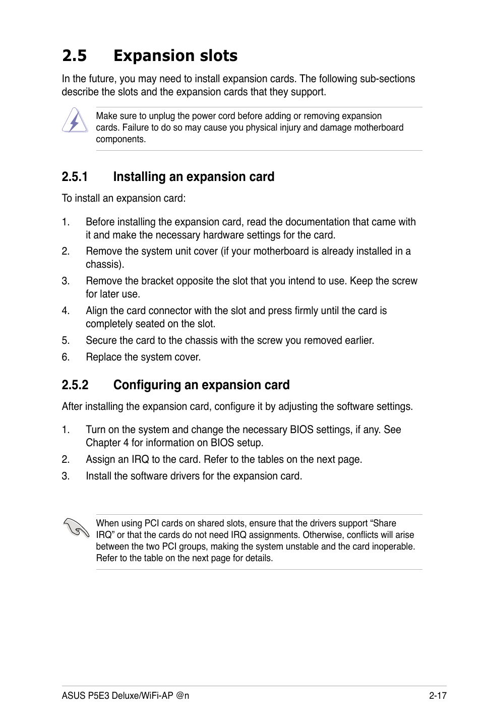 5 expansion slots, 1 installing an expansion card, 2 configuring an expansion card | Asus WIFI-AP P5E3 User Manual | Page 43 / 192