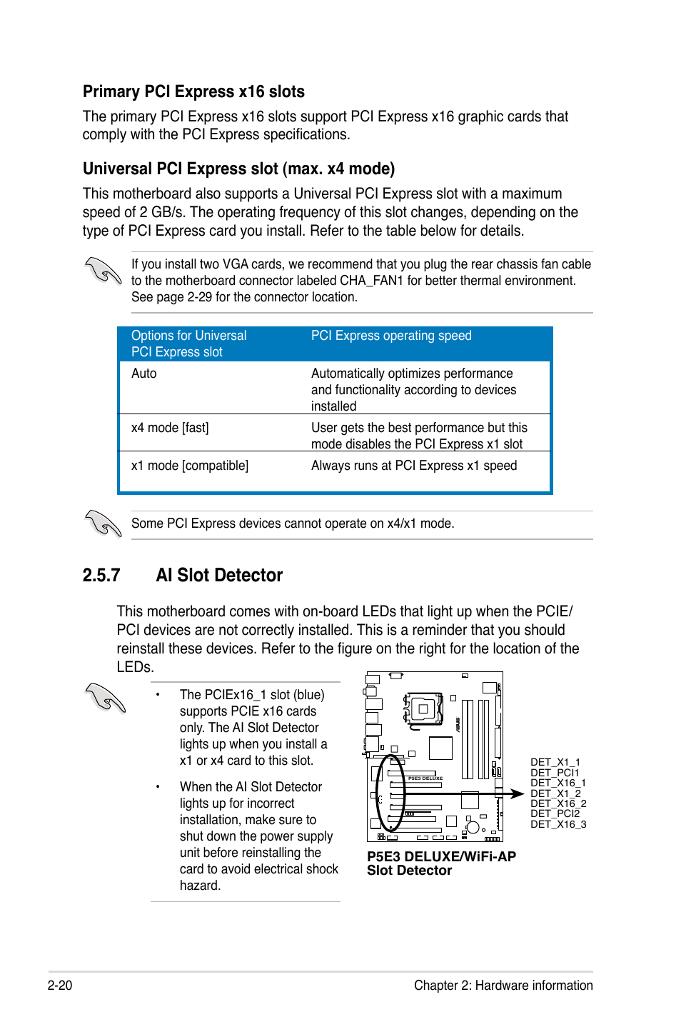 7 ai slot detector, Primary pci express x16 slots, Universal pci express slot (max. x4 mode) | Asus WIFI-AP P5E3 User Manual | Page 46 / 192