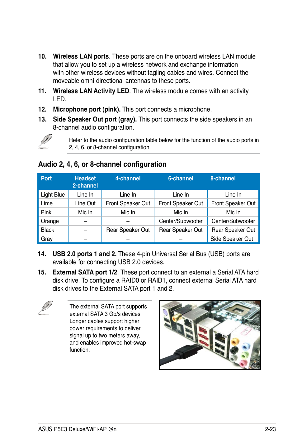 Audio 2, 4, 6, or 8-channel configuration | Asus WIFI-AP P5E3 User Manual | Page 49 / 192