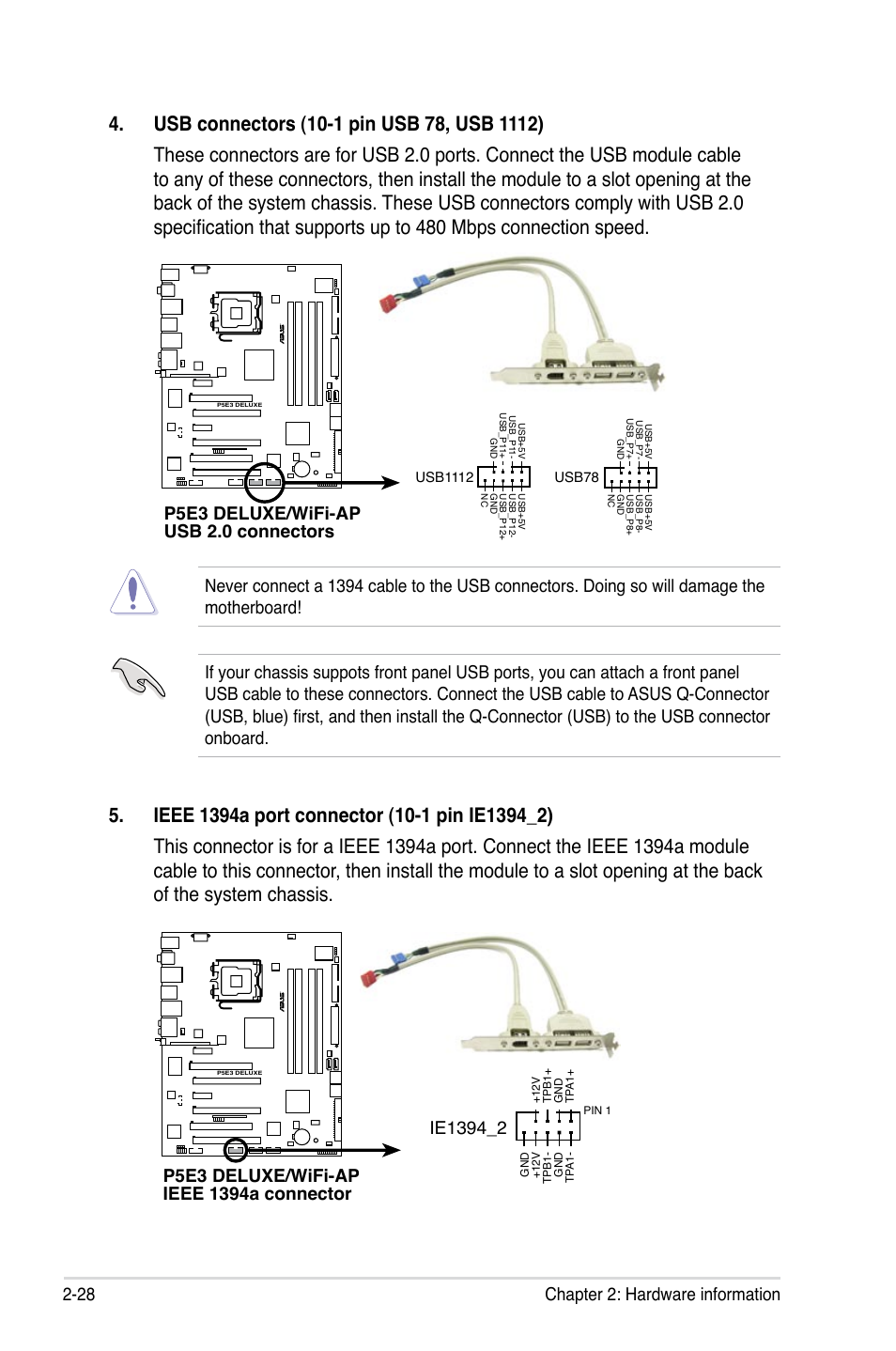 28 chapter 2: hardware information, P5e3 deluxe/wifi-ap usb 2.0 connectors | Asus WIFI-AP P5E3 User Manual | Page 54 / 192