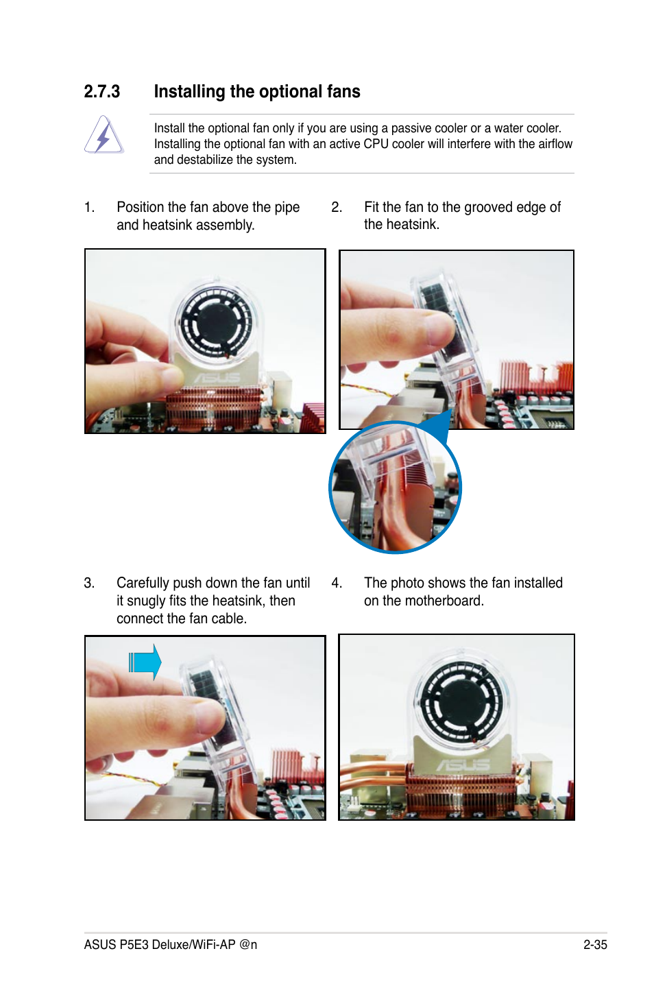 3 installing the optional fans | Asus WIFI-AP P5E3 User Manual | Page 61 / 192