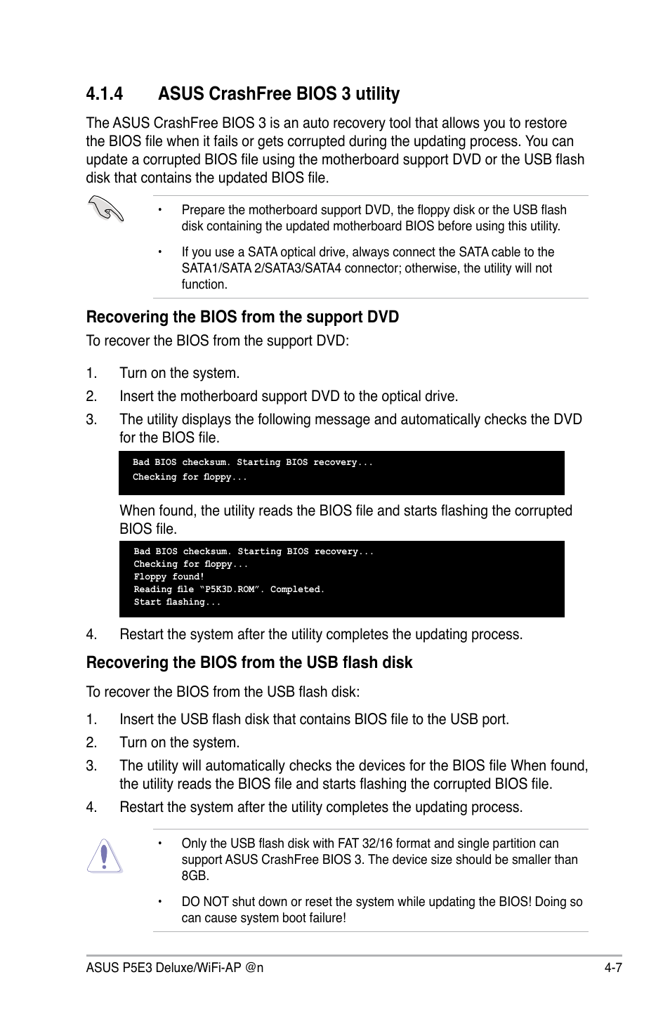 4 asus crashfree bios 3 utility, Recovering the bios from the support dvd, Recovering the bios from the usb flash disk | Asus WIFI-AP P5E3 User Manual | Page 75 / 192