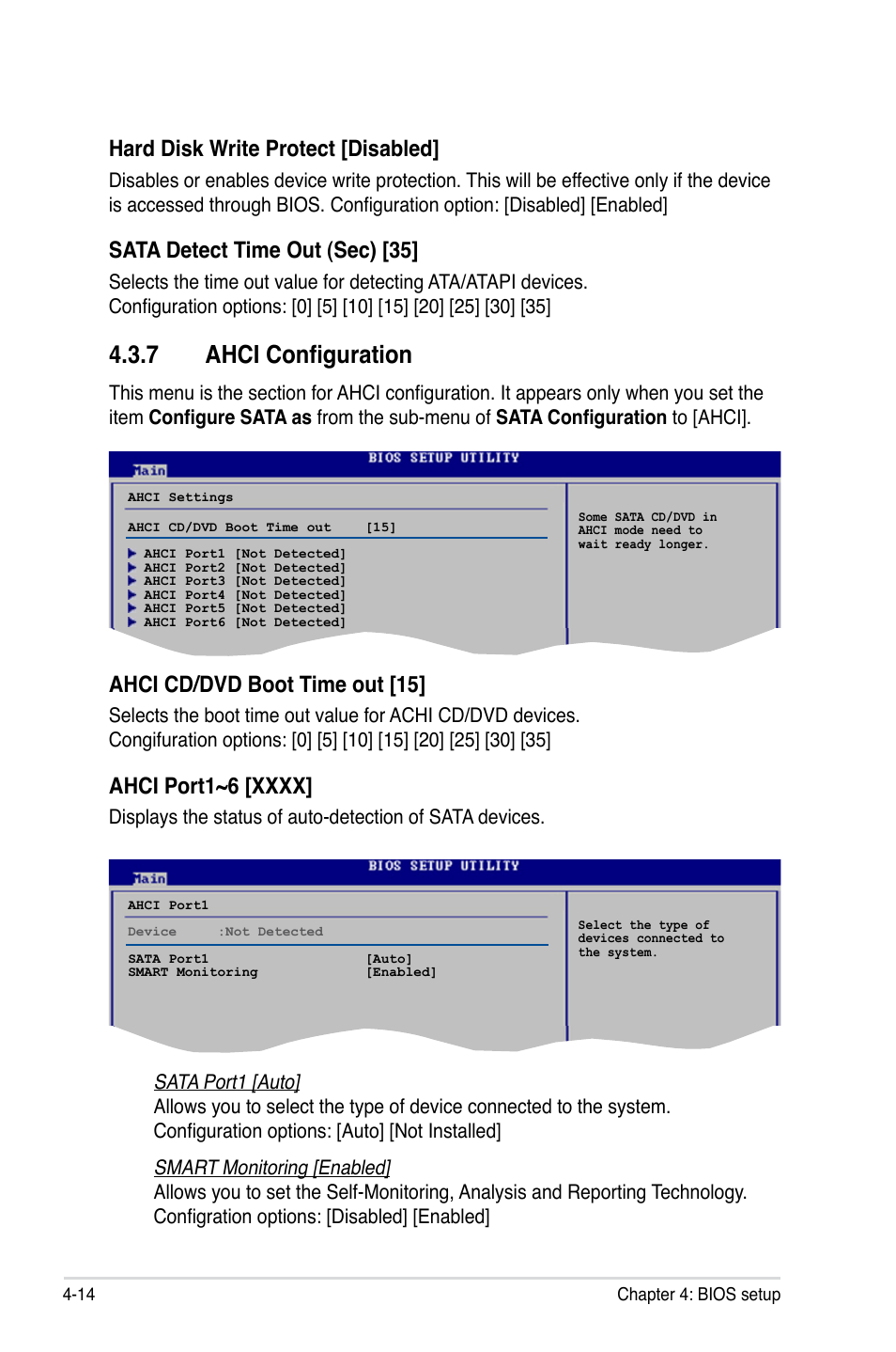 7 ahci configuration, Hard disk write protect [disabled, Sata detect time out (sec) [35 | Ahci cd/dvd boot time out [15 | Asus WIFI-AP P5E3 User Manual | Page 82 / 192