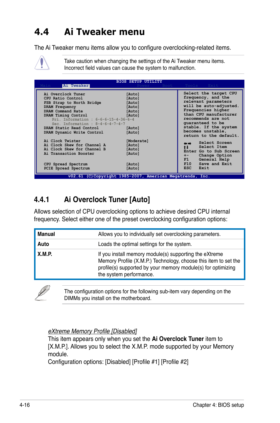 4 ai tweaker menu, 1 ai overclock tuner [auto | Asus WIFI-AP P5E3 User Manual | Page 84 / 192