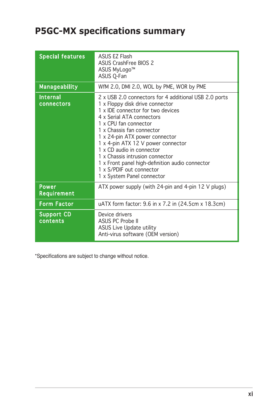 P5gc-mx specifications summary | Asus Motherboard P5GC-MX User Manual | Page 11 / 90