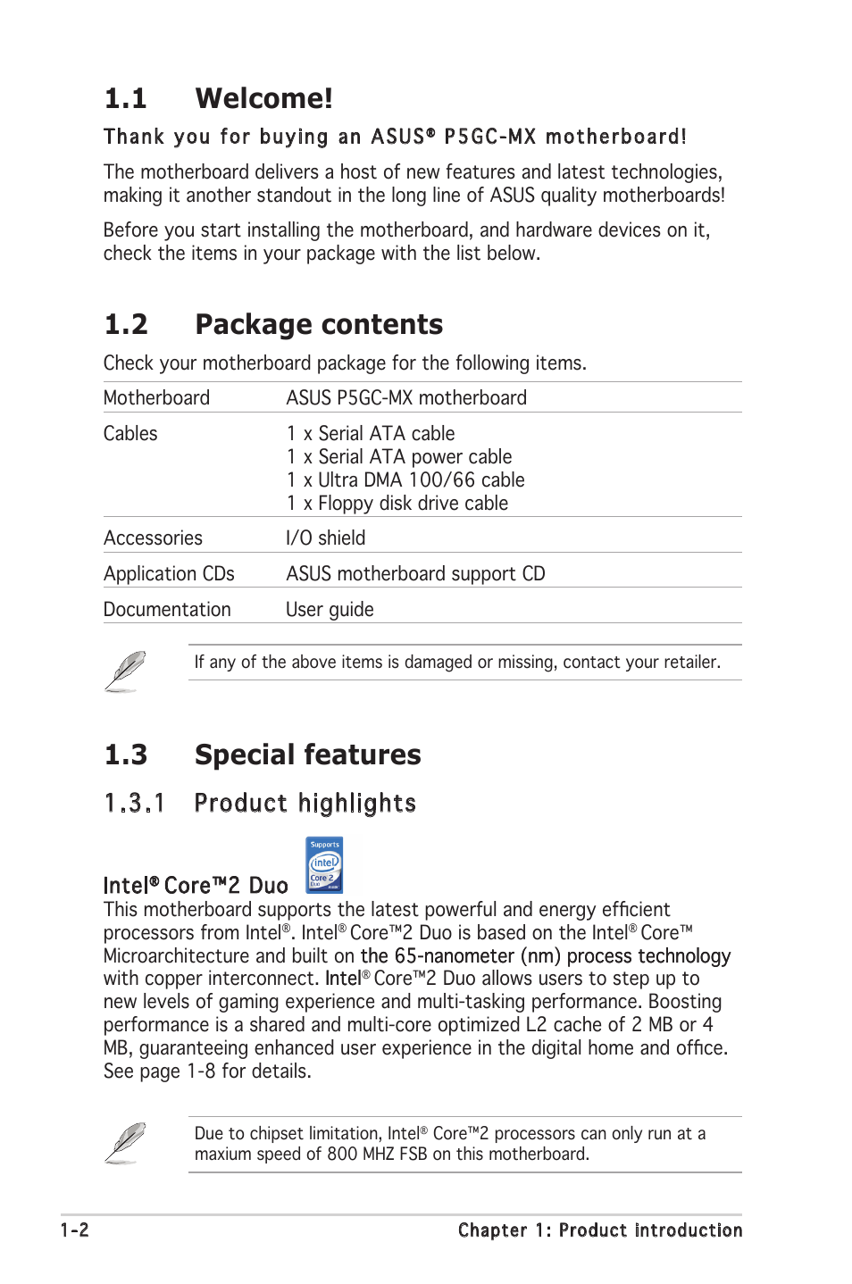 1 welcome, 2 package contents, 3 special features | 1 product highlights | Asus Motherboard P5GC-MX User Manual | Page 14 / 90