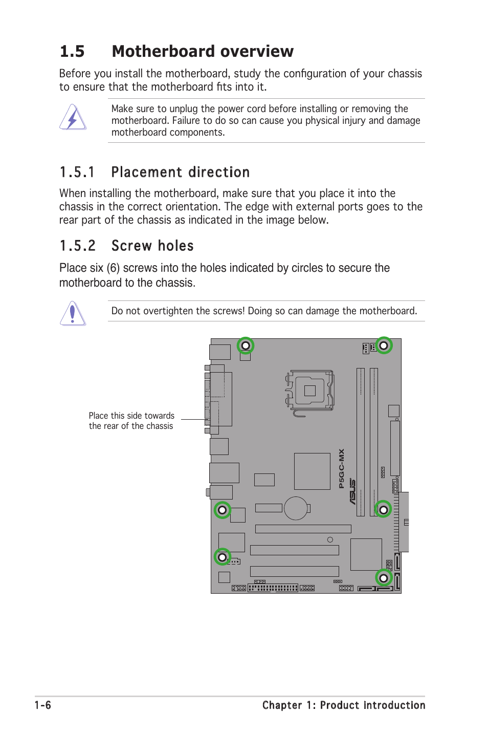 5 motherboard overview, 1 placement direction, 2 screw holes | Asus Motherboard P5GC-MX User Manual | Page 18 / 90