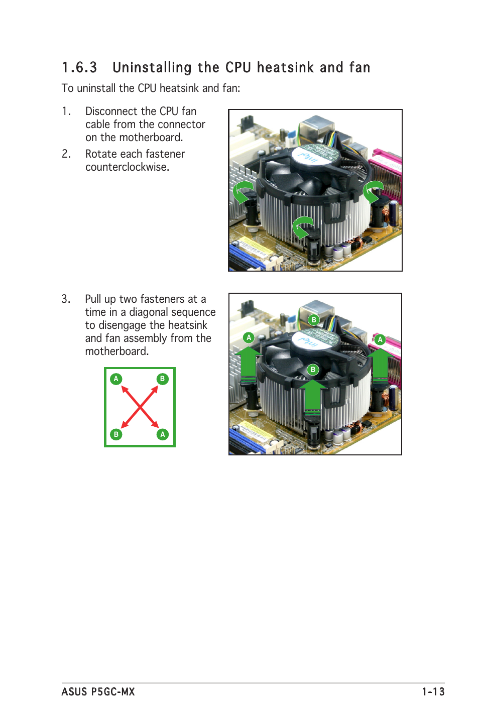3 uninstalling the cpu heatsink and fan | Asus Motherboard P5GC-MX User Manual | Page 25 / 90