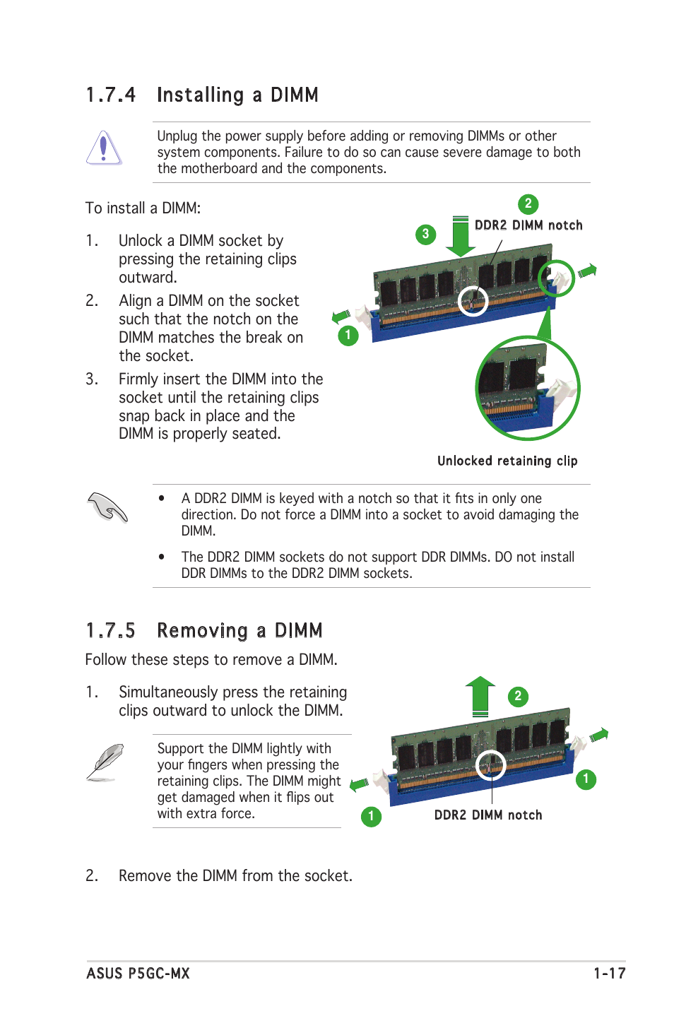 4 installing a dimm, 5 removing a dimm | Asus Motherboard P5GC-MX User Manual | Page 29 / 90