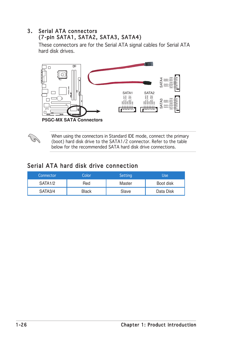 Serial ata hard disk drive connection, 26 chapter 1: product introduction, P5gc-mx sata connectors | Connector color setting use, Sata1, Sata2, Sa ta 3, Sa ta 4 | Asus Motherboard P5GC-MX User Manual | Page 38 / 90